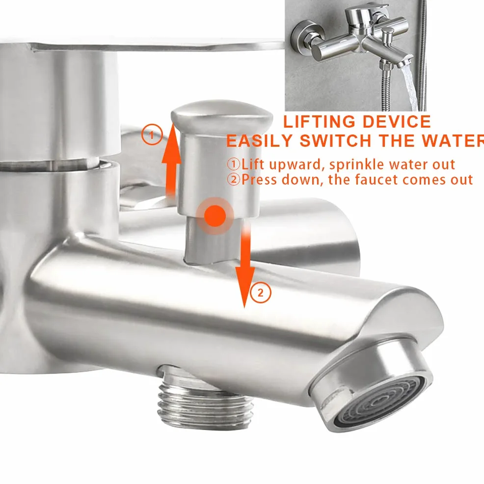 Rubinetto a Parete per Vasca da Bagno e Doccia, Miscelatore, in Acciaio Inox 304 con Deviatore, Monocomando Regolabile Acqua Calda e Fredda
