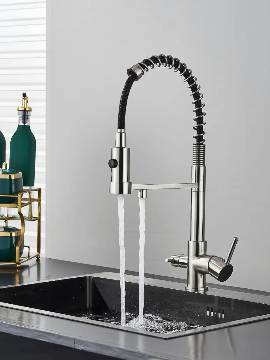 Rubinetto da cucina a 3 vie SOLID SPRING con doccetta estraibile, cavo separato per filtro dell'acqua, beccuccio girevole a 360°, rubinetto a molla in ottone, montaggio monoforo (acciaio inossidabile)