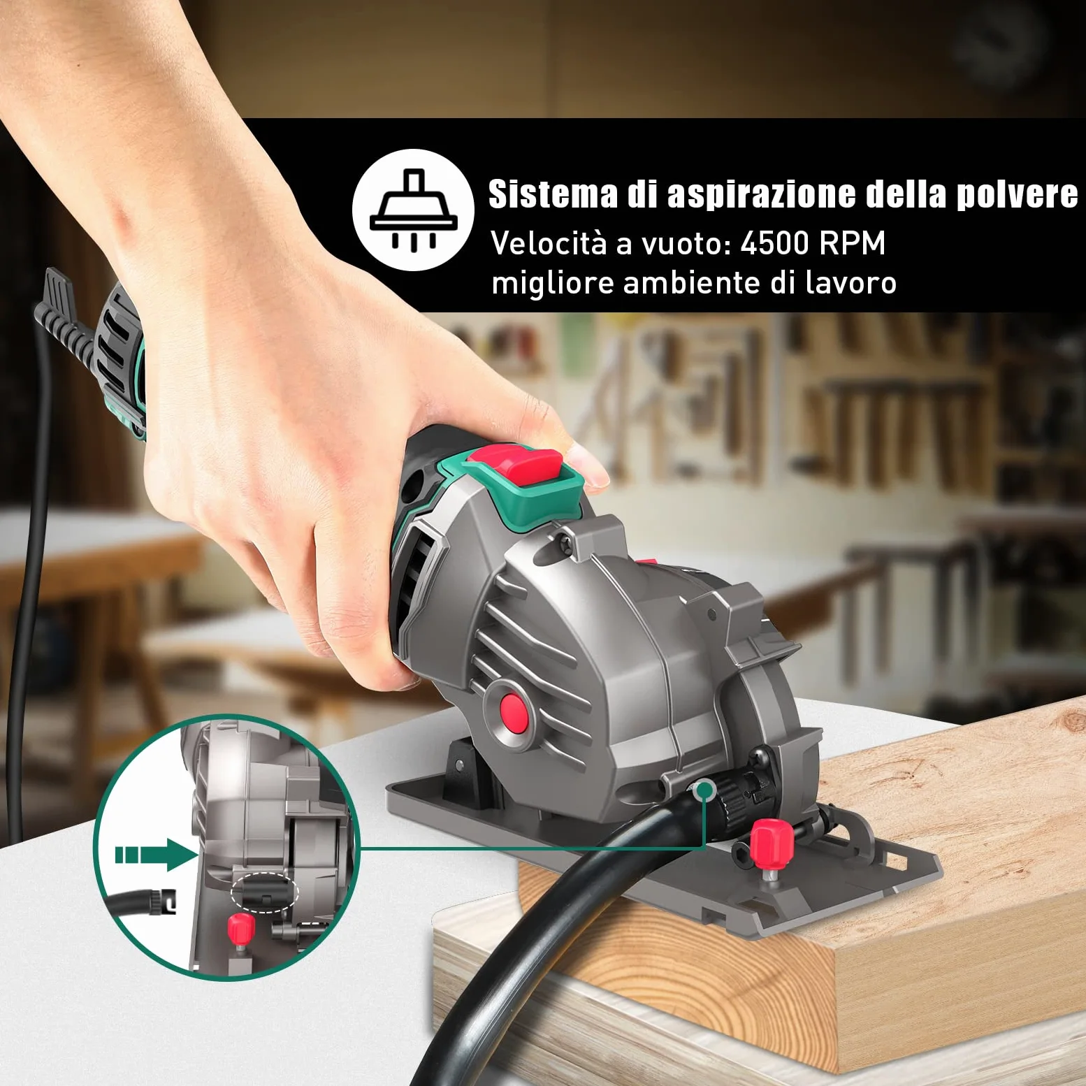 HYCHIKA Sega Circolare, 500W Mini Seghe Circolare 4500RPM, Profondità di Taglio: 0-25mm,Tubo per Aspirapolvere, 3x Lame adatto per Legno, Plastica, Metallo Morbido
