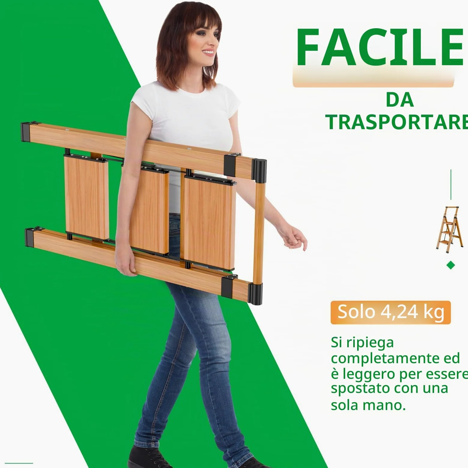 KULACO Scala multifunzione a 3 gradini antiscivolo, venature in legno, alluminio, fino a 150 kg