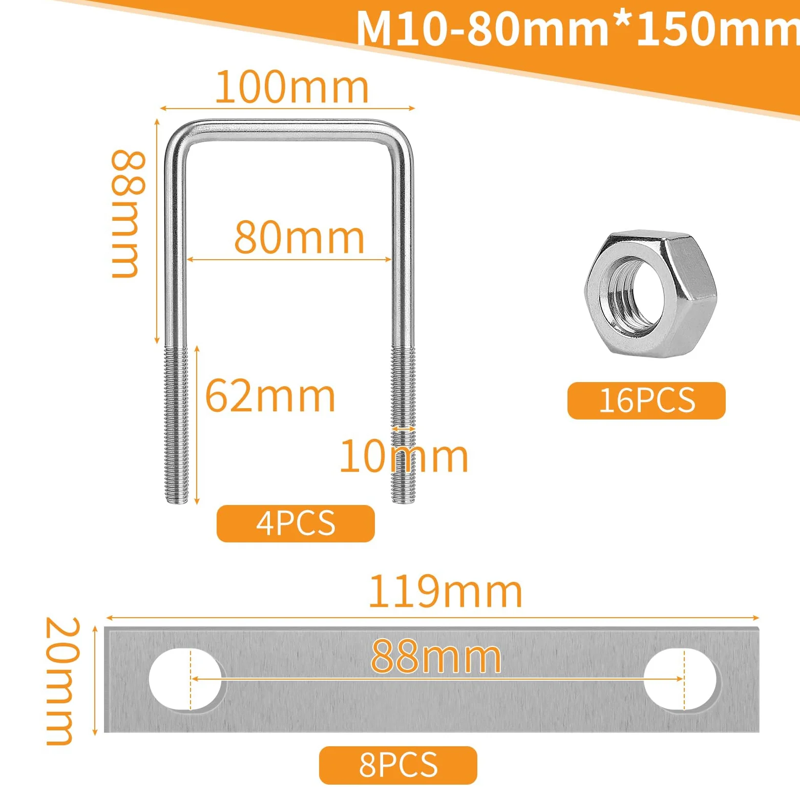 EFUTURETIME 4 x Bullone a U M10 Quadrato 80 * 150mm, Cavallotto di Fissaggio a U Acciaio Inox con 16 Dado e 8 Lamiera per Tubi, Industriali, Vita Quotidiana
