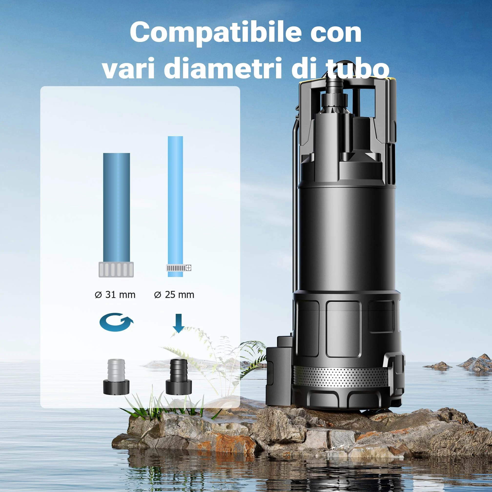 Wiltec Pompa sommersa, 1200W 6000 l/h, profondità max 7 m, Elettropompa a immersione per pozzi e cisterne
