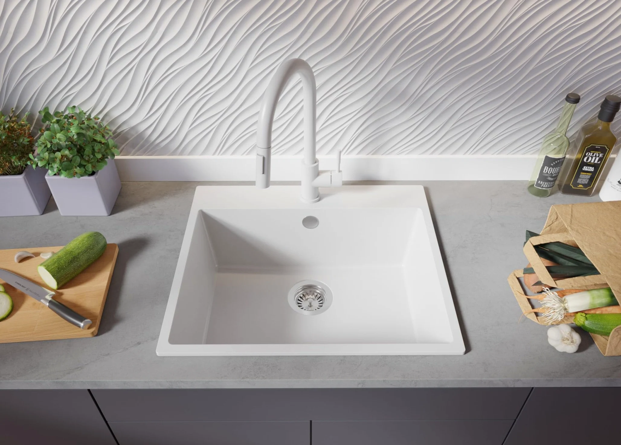 PRIMAGRAN Lavello da Cucina Tutto Bianco 58x50cm, Lavandino in Granito a 1 vasca + Sifone Classico, Lavabo da Cucina Incasso al Mobile 60cm - Riga S312