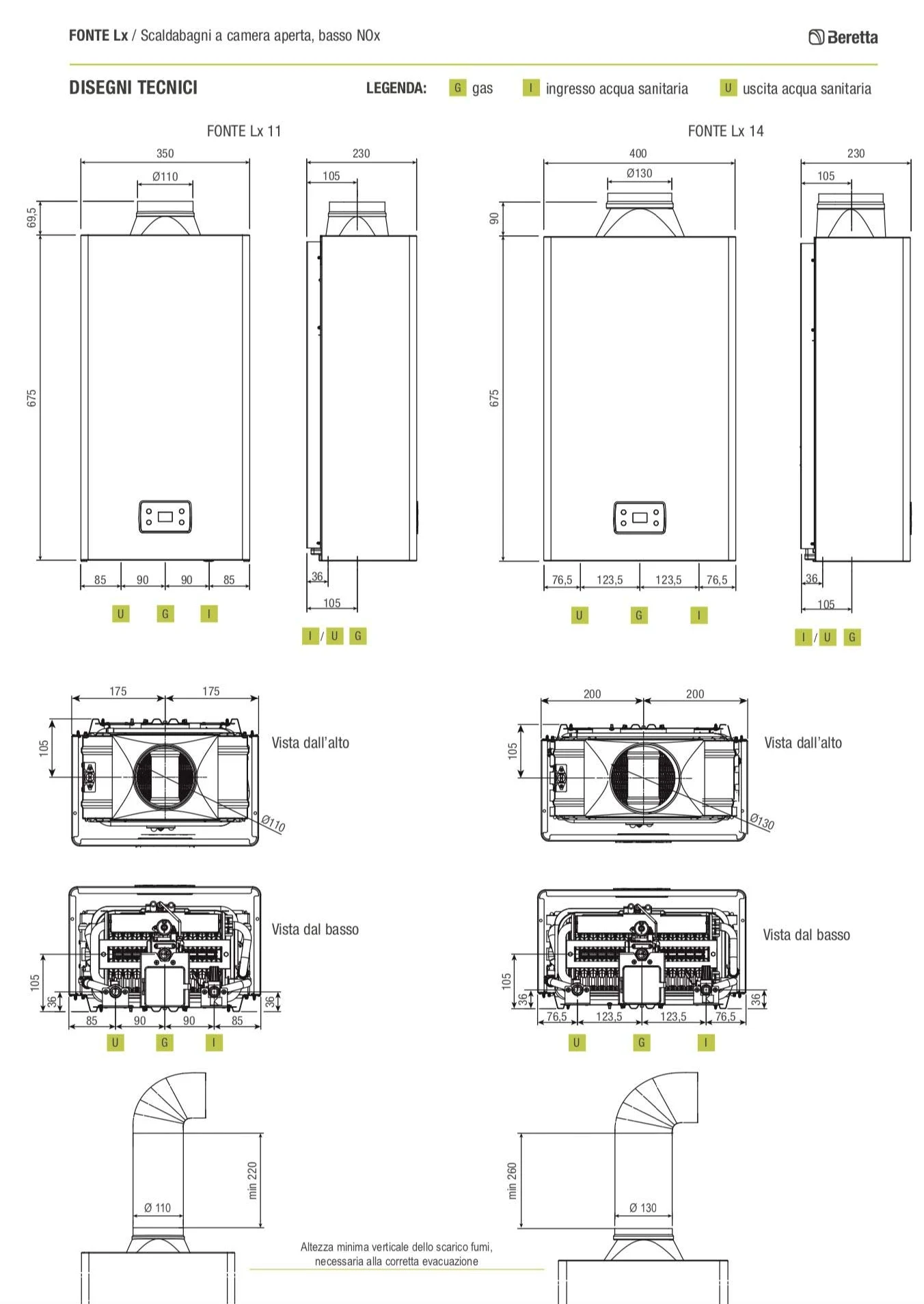 Scaldabagno Scaldino Scaldacqua a gas Beretta Fonte LX da 14 litri a camera aperta Low NOx ErP a metano