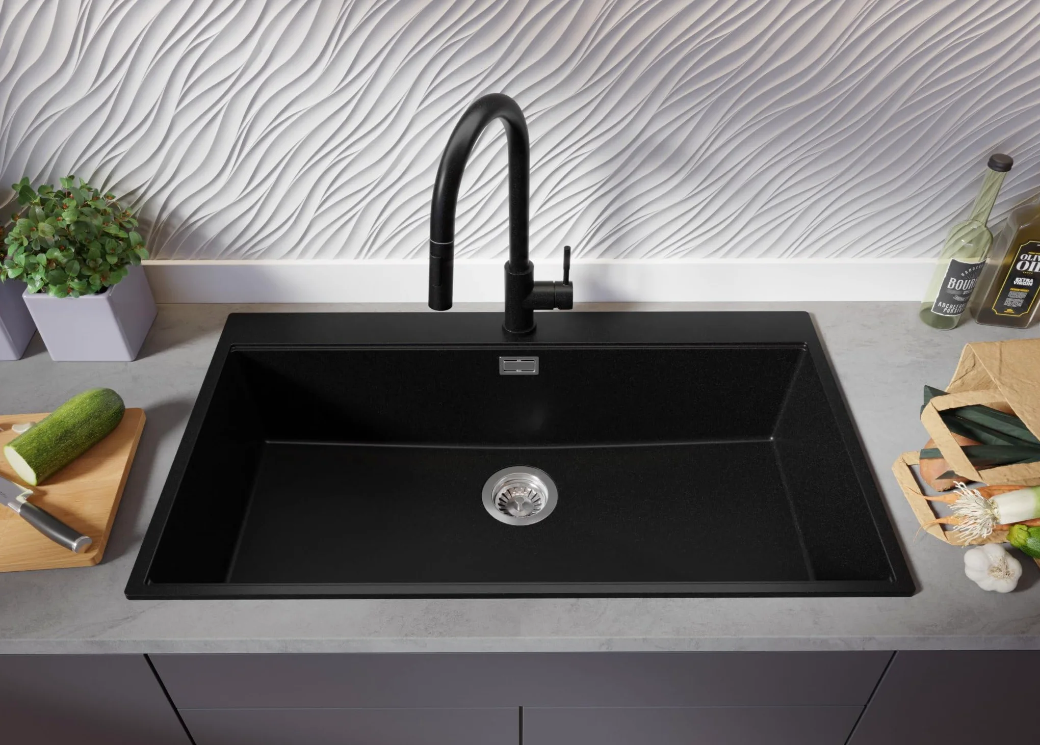 PRIMAGRAN Lavello Angolare Nero 88x50cm, Lavandino in Granito a 1 vasca + Sifone Classico + Tagliere, Lavabo da Cucina Incasso al Mobile 90cm - Oslo 90 Top S705