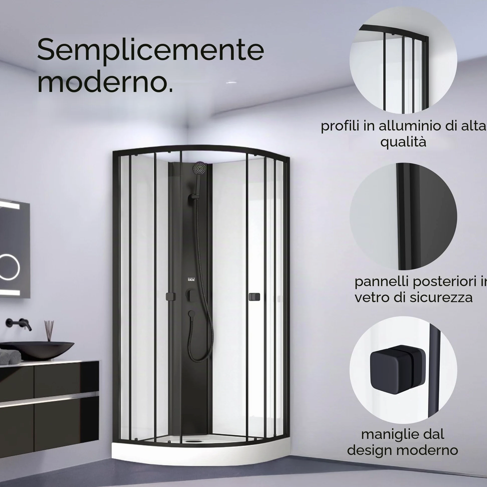 Marwell Doccia completa Prime Style – Box doccia nero/bianco 85 x 85 x 198 – Doccia prefabbricata con piatto doccia e rubinetto – Doccia con telaio in alluminio – Doccia in vetro Design moderno
