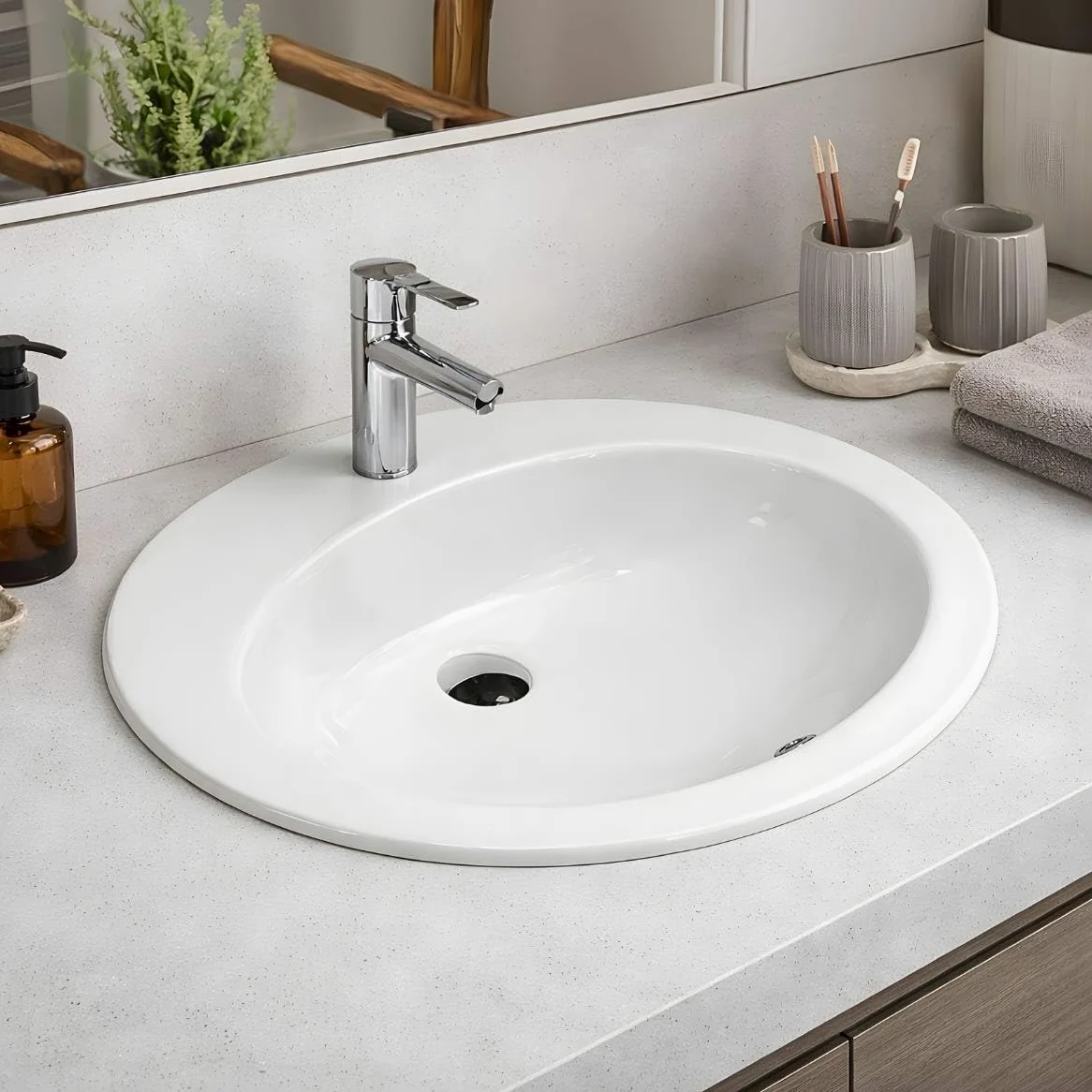 LAVABO Incasso TONDO Ceramica - Lavandino Soprapiano OVAL L. 62 x 52 cm Monoforo Pred. a 3 Fori