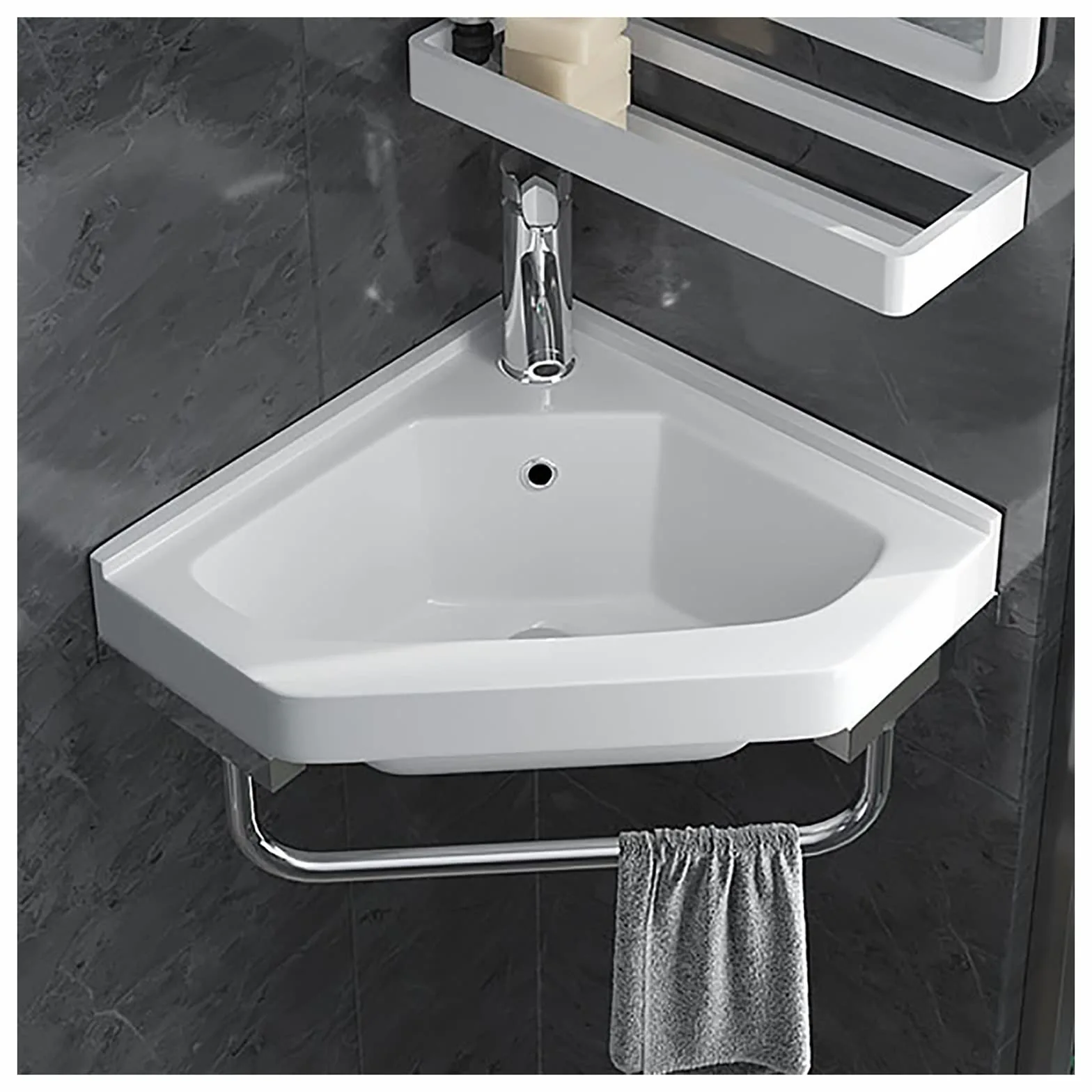 Lavabo in Ceramica ad Angolo Bianco, Lavabo a Parete Bagno con Rubinetto Combinato e Appendiabiti a Torre, Bianca con Troppopieno