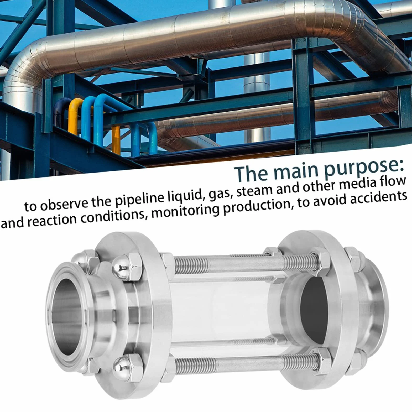 Spia di Flusso per Sanitari, 1,5" 1-1/2" 38MM Flusso Sanitario Vetro Dritto Tri Morsetto Tipo Acciaio per Applicazioni Ad Alta Purezza E Osservazione di Fluidi Inossidabile SS304