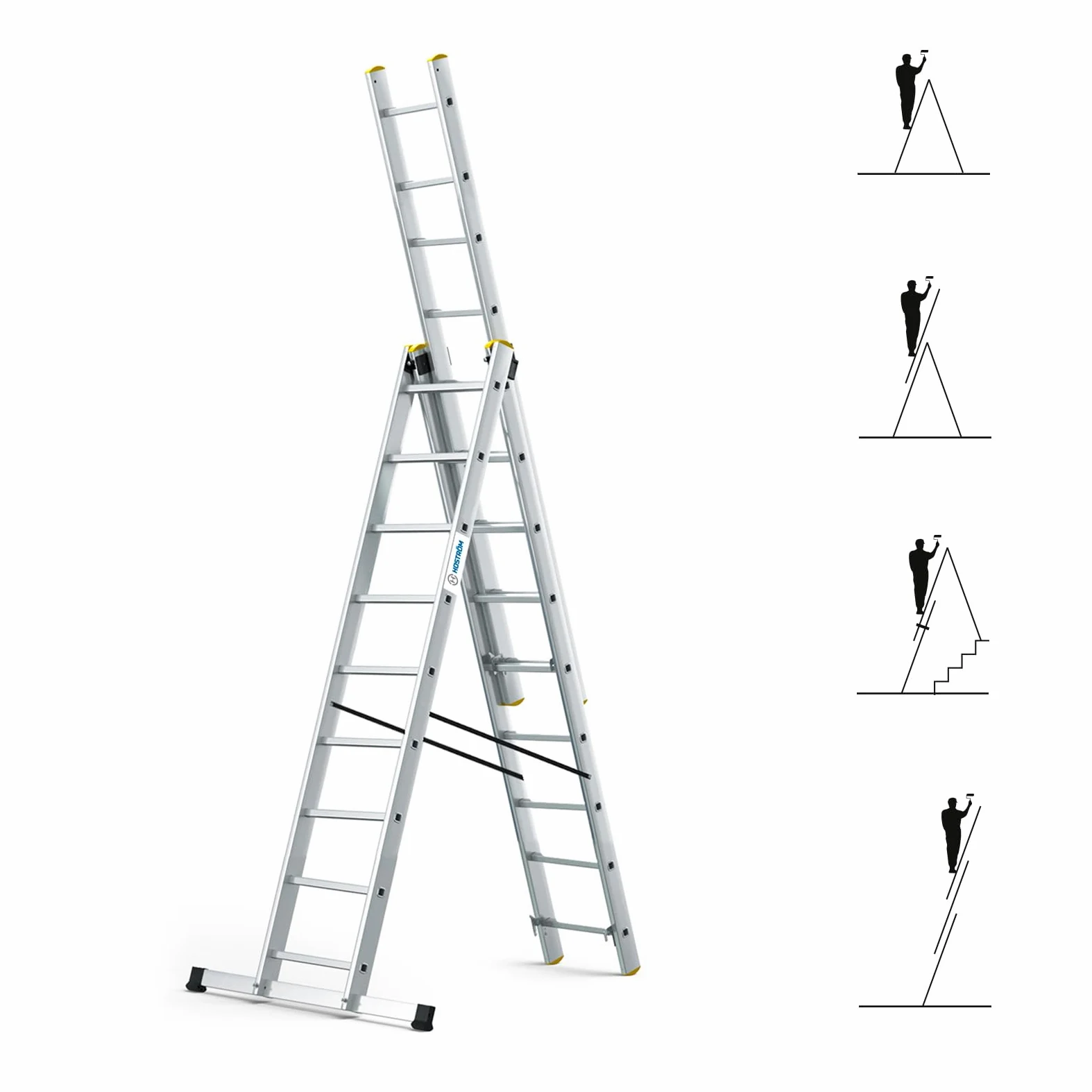 Scala a sfilo a 3 rampe StablePro, gradini 3x9 in alluminio, allungabile, 6 posizioni, altezza massima di lavoro 6,10 m, 5 anni di garanzia, Hostrom