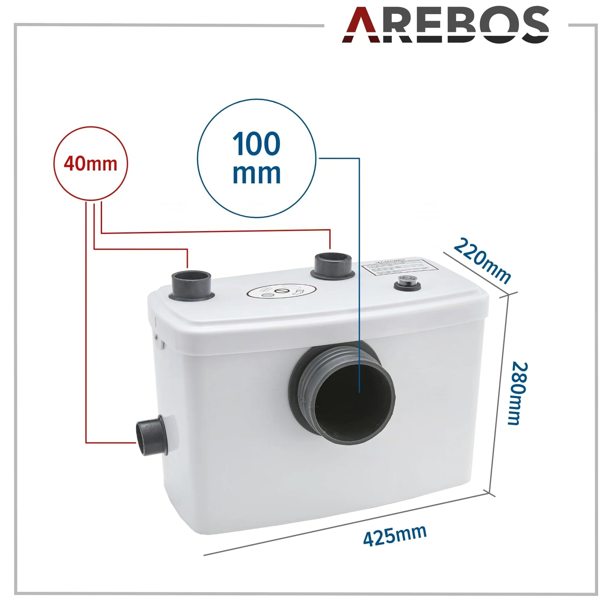 Arebos Trituratore WC Maceratore Pompa Sanitario per Acque Reflue | 600W | 100L-min | per WC, doccia, lavandino | Bianco