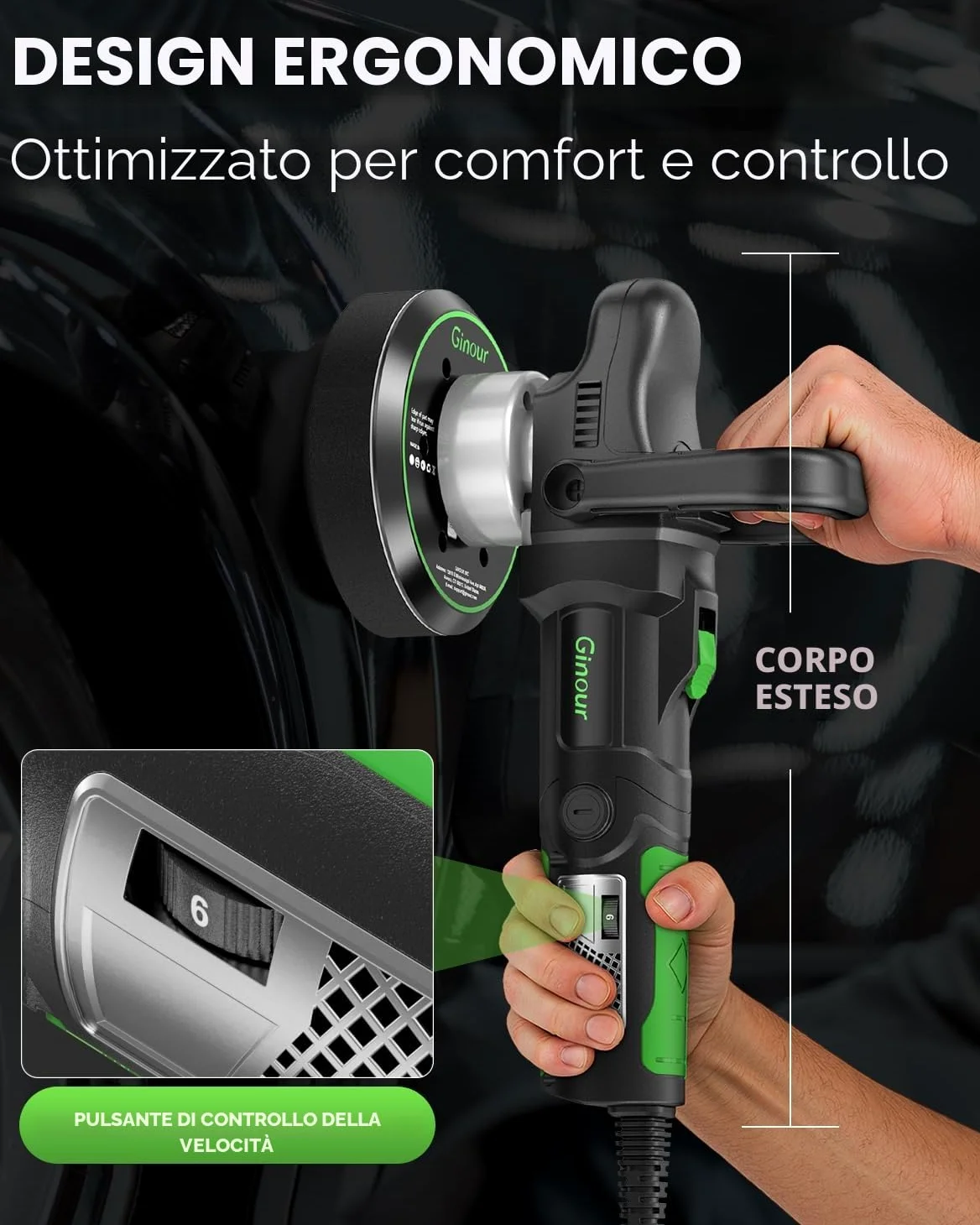 Ginour Lucidatrice Rotorbitale 1050W per auto, 6 velocità regolabili (2000-6400 OPM), lucidatrice auto con impugnatura a D e maniglia laterale, platorello da 150 mm / 6 pollici