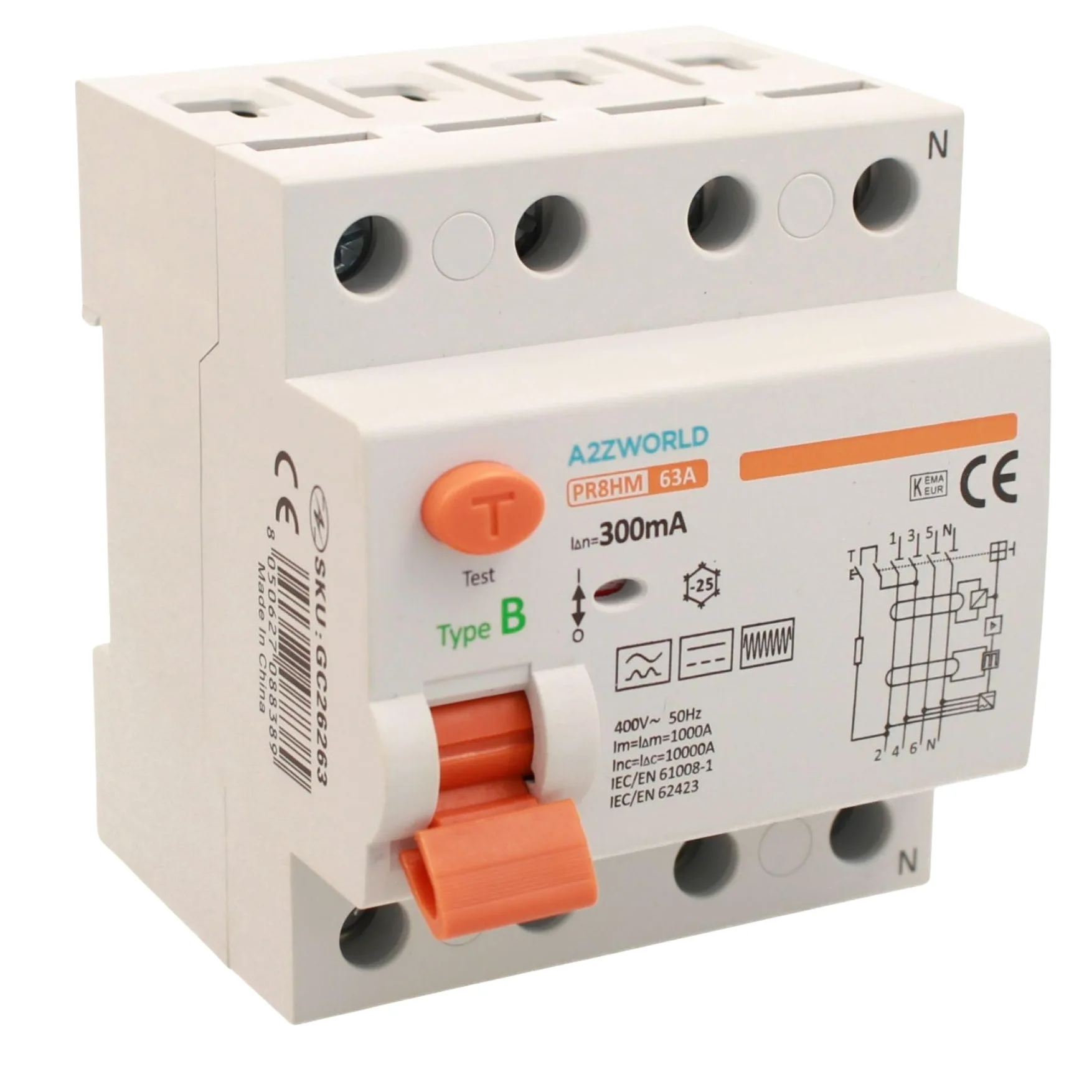 Interruttore Differenziale Puro Tipo B Trifase, Salvavita 300mA 63A, RCCB 3P+N 10kA 380V, 4 Moduli DIN, Serie PR8HM Elettromagnetica, Certificato IEC61008-1