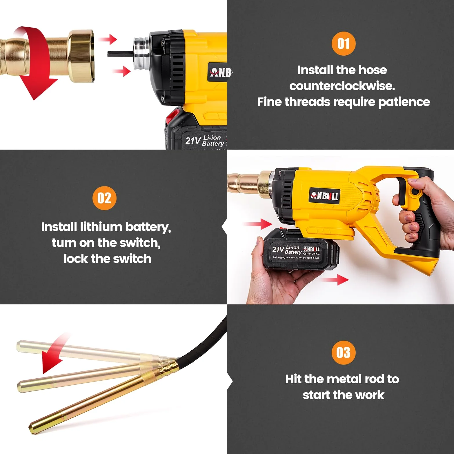 Anbull Vibratore per Calcestruzzo a batteria 2 m, 21V Vibratore per Cemento, 2 * 3000 mAh, Velocità di rotazione: 4800 giri/minuto, Ampiezza: 0,9 mm, Concrete Vibrator