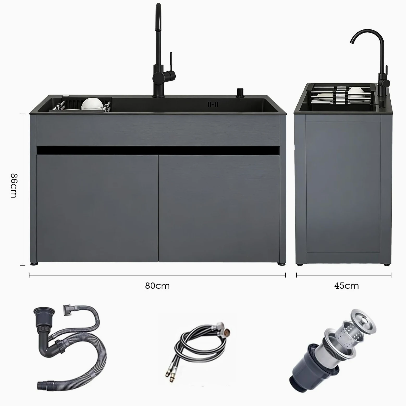 Lavabo Indipendente in Acciaio Inox con Rubinetto Estensibile e Tubi Dell'acqua Calda e Fredda, Lavello da Cucina con Armadio Contenitore e Scolapiatti per Esterni, Interni, 68 CM/80 CM