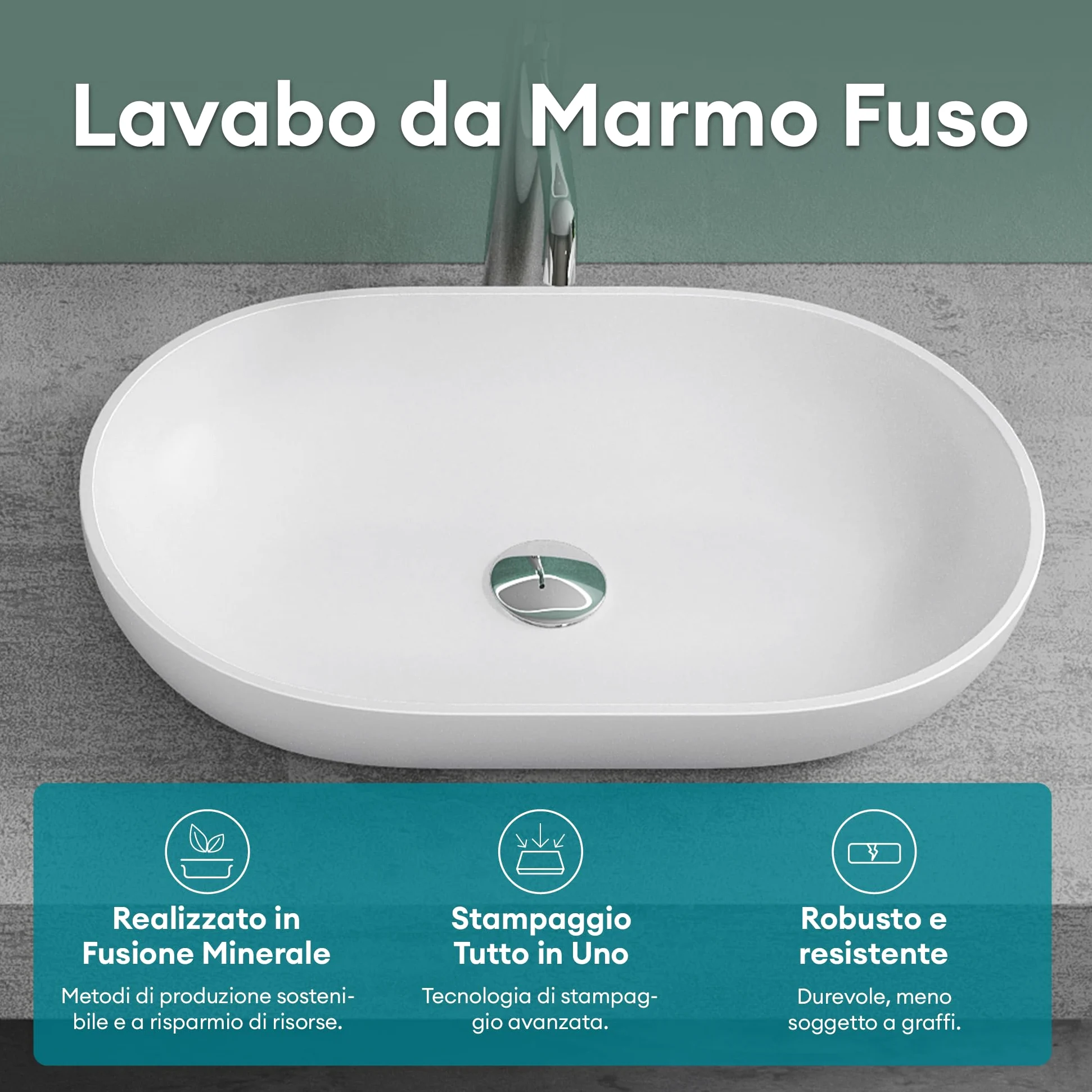 Mai & Mai Lavabo da Appoggio 54x34x10.5cm, Lavandino Bagno da Appoggio Ovale da Marmo Fuso, Biano Opaco, Colossum808