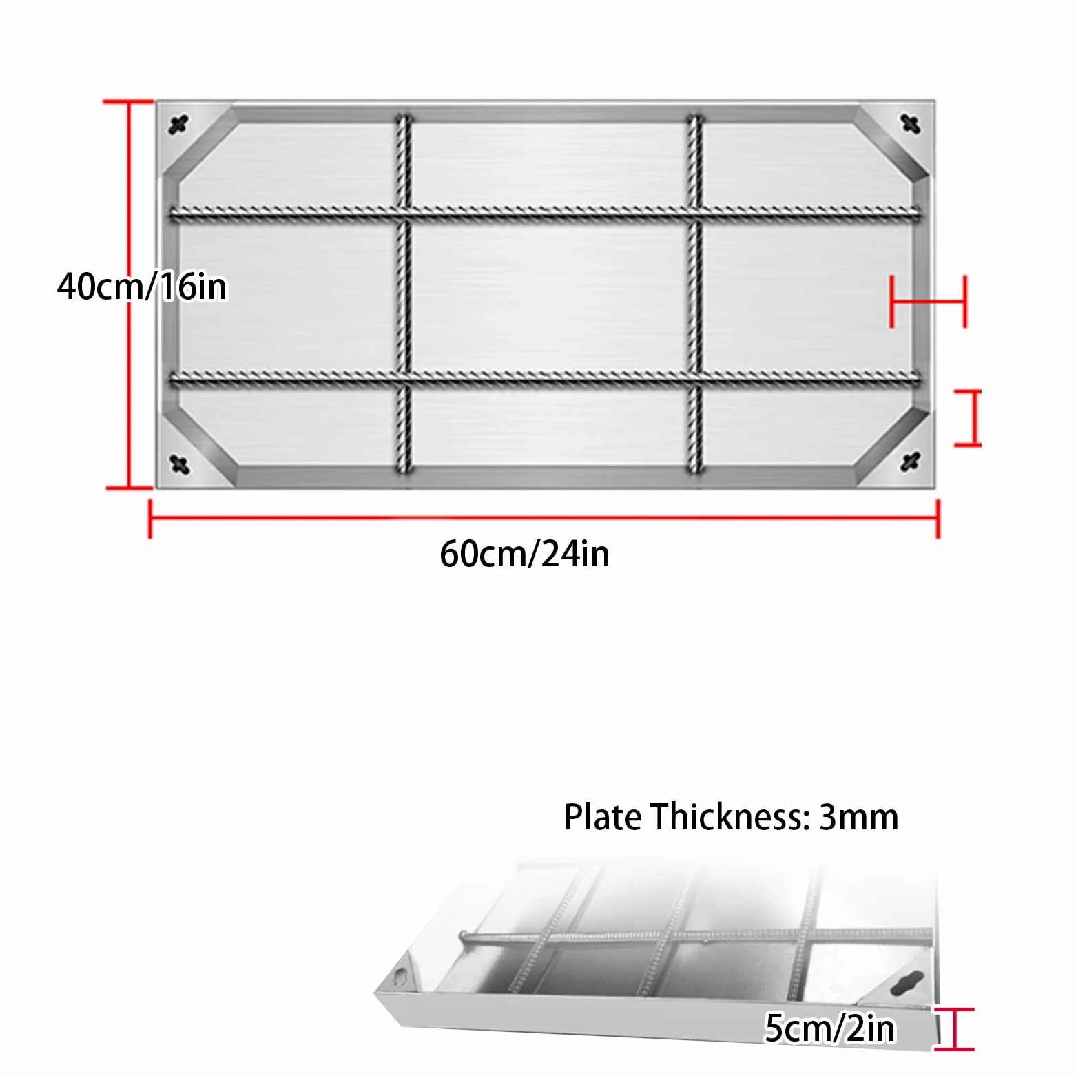 Chiusino Invisibile Quadrato in Acciaio Inox, Tombino di Scarico Esterno Rettangolare da Incasso con Gancio per Chiusino, Coperchi per Fosse Settiche per Giardini e Vialetti(40x60x5cm/16x24x2in)