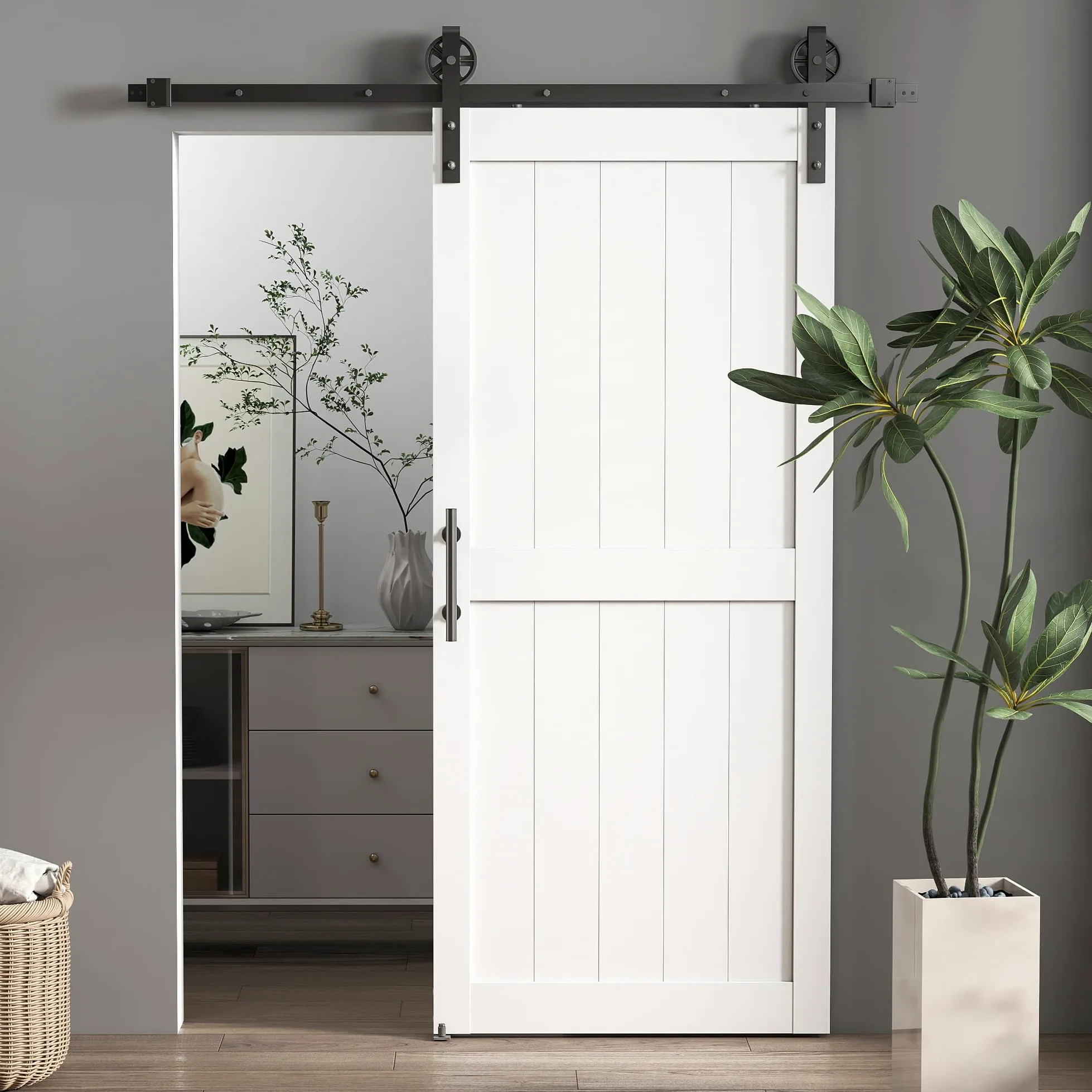 HOMCOM Porta Scorrevole Esterna Muro 91.5x213.4cm, Binario Acciaio, Maniglia Migliorato, Ruote, Porta da Interno in Stile Industriale, in MDF e Legno Pino, Impermeabile, per Cucina, Bagno, Soggiorno
