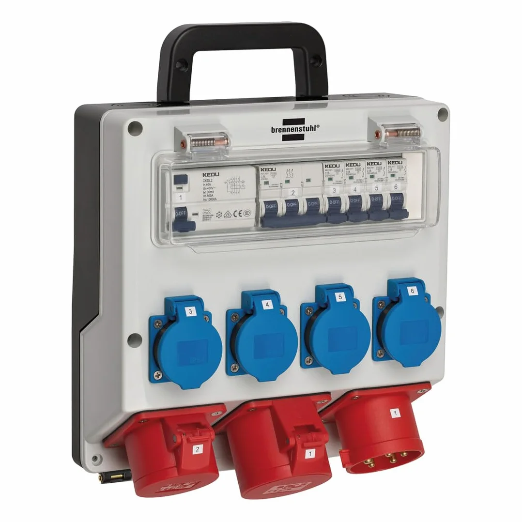 Brennenstuhl Distributore da parete IP44 (distributore di corrente per fissaggio a parete 32 A, con interruttore di protezione personale FI 30 mA), 4/32 IP44, grigio chiaro/nero