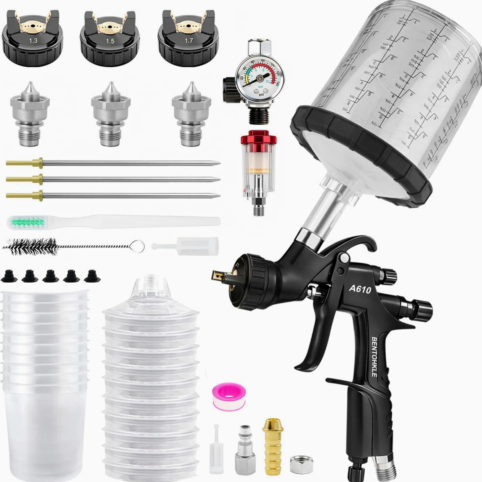 R500 LVLP Pistola a spruzzo ad aria con 10 contenitori monouso da 650 ml, Pistole a Spruzzo A610 per automobili, Spruzzatore per Verniciatura con 1,3/1,5/1,7 mm Ugelli (A610 con 10 vaschette vernice)