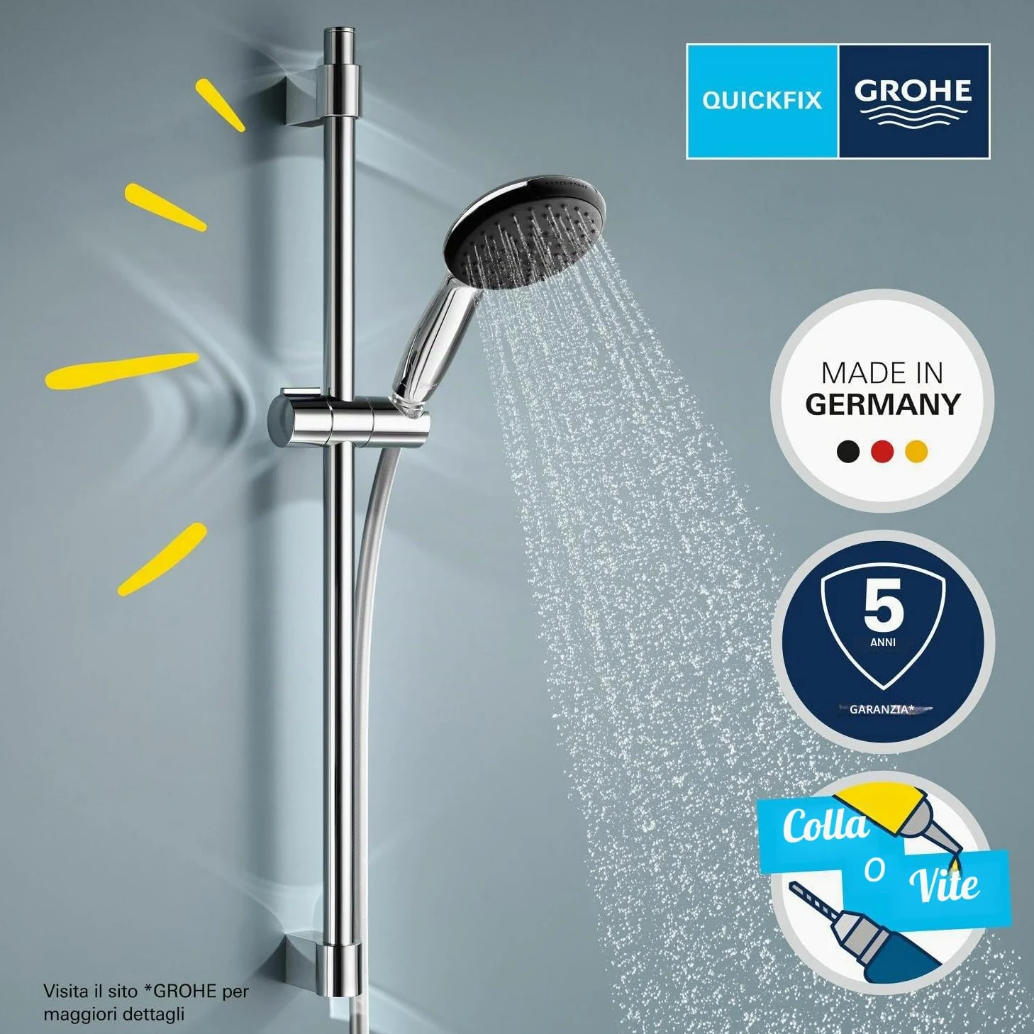 GROHE Vitalio Start 110 Set Saliscendi Doccia (1 getto Rain fisso, asta 600 mm, bordo in silicone antiurto, SpeedClean anticalcare), Cromo, 27942001