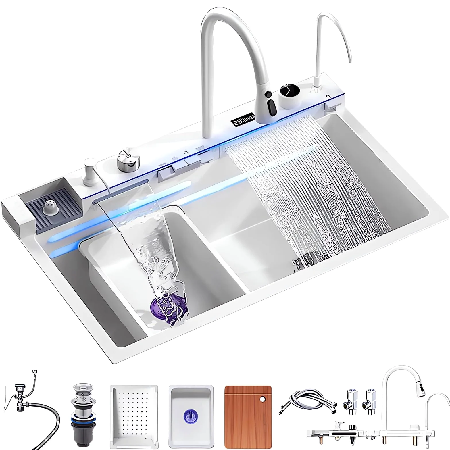 Lavello da cucina multifunzionale, lavello da cucina nero 1 vasca con sgocciolatoio 85x50 cm, lavello moderno a cascata, adatto per cucina, bar (Bianco, 80X45CM)