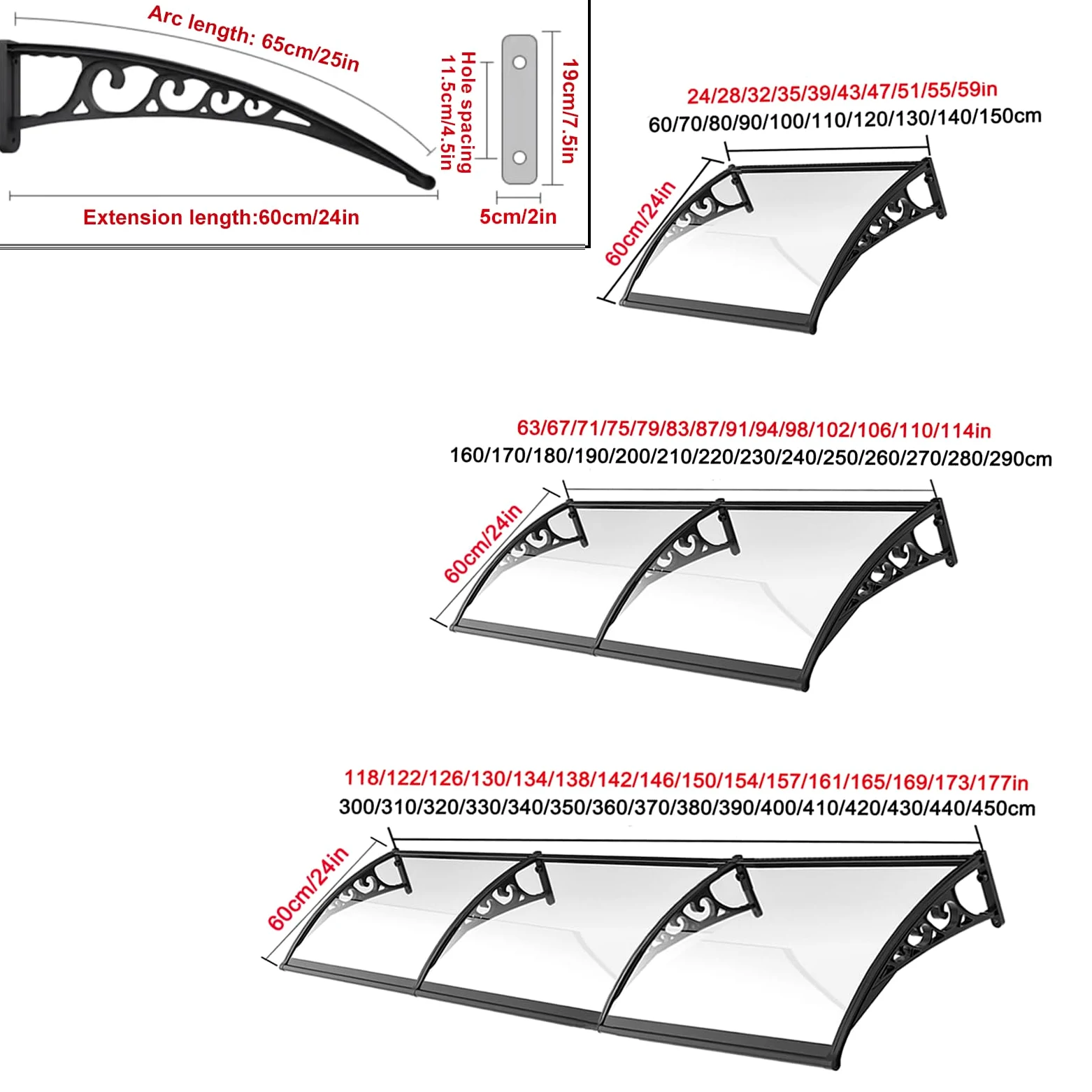 Pensilina Tettoia per Finestra,Pensilina Ingresso Trasparente,Tettoia per Porta Curva,Pensilina Copriporta,Tende da Sole,Pioggia UV Neve Protezione,Con Staffa,per Esterno (60x150cm/24"x59",Black)