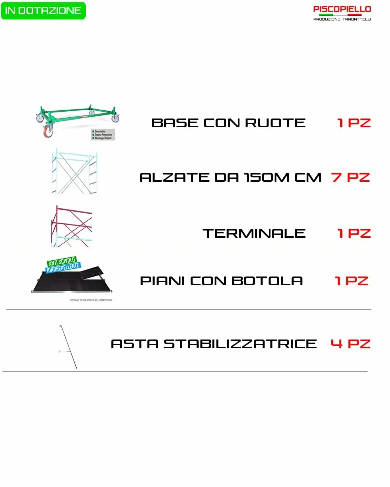 Trabattello Professionale altezza lavoro m 14.30 con piano di lavoro con botola | Modello METAL 5