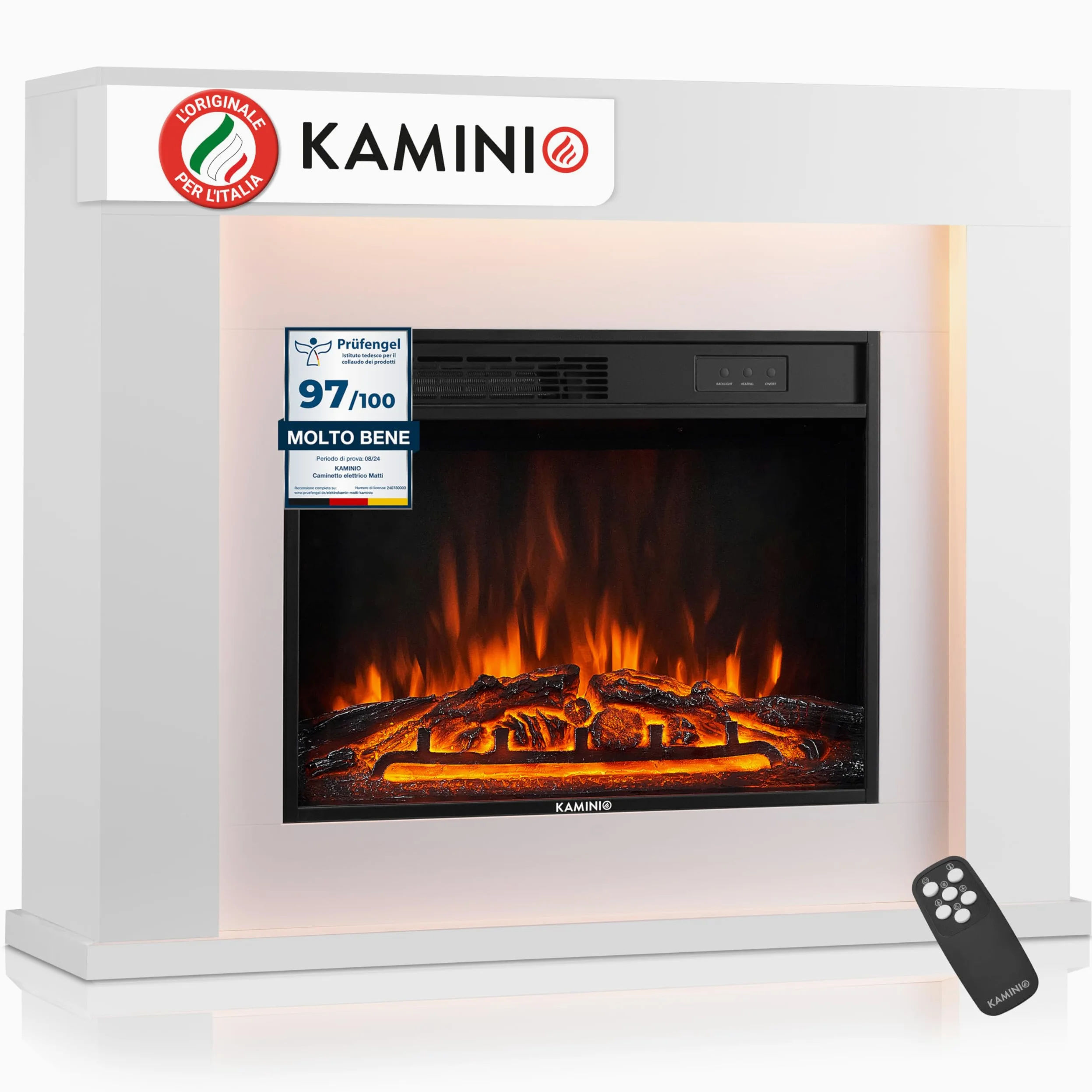 KAMINIO Camino elettrico Matti - Caminetto da pavimento con riscaldamento, effetto fiamma 3D, luce ambiente a LED, telecomando - 38 pollici (Bianco)