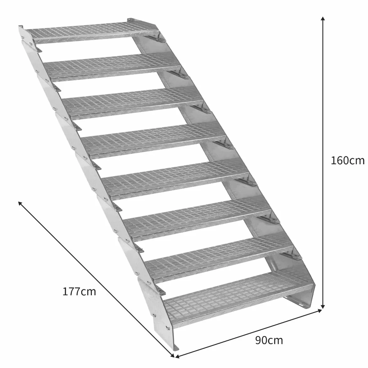 Scala in metallo a 8 livelli regolabile in altezza 90 cm di larghezza Acciaio zincato argento 8 gradini regolabili Griglia resistente alle intemperie Spessore asta 5 mm Kit di fissaggio GRATUITO