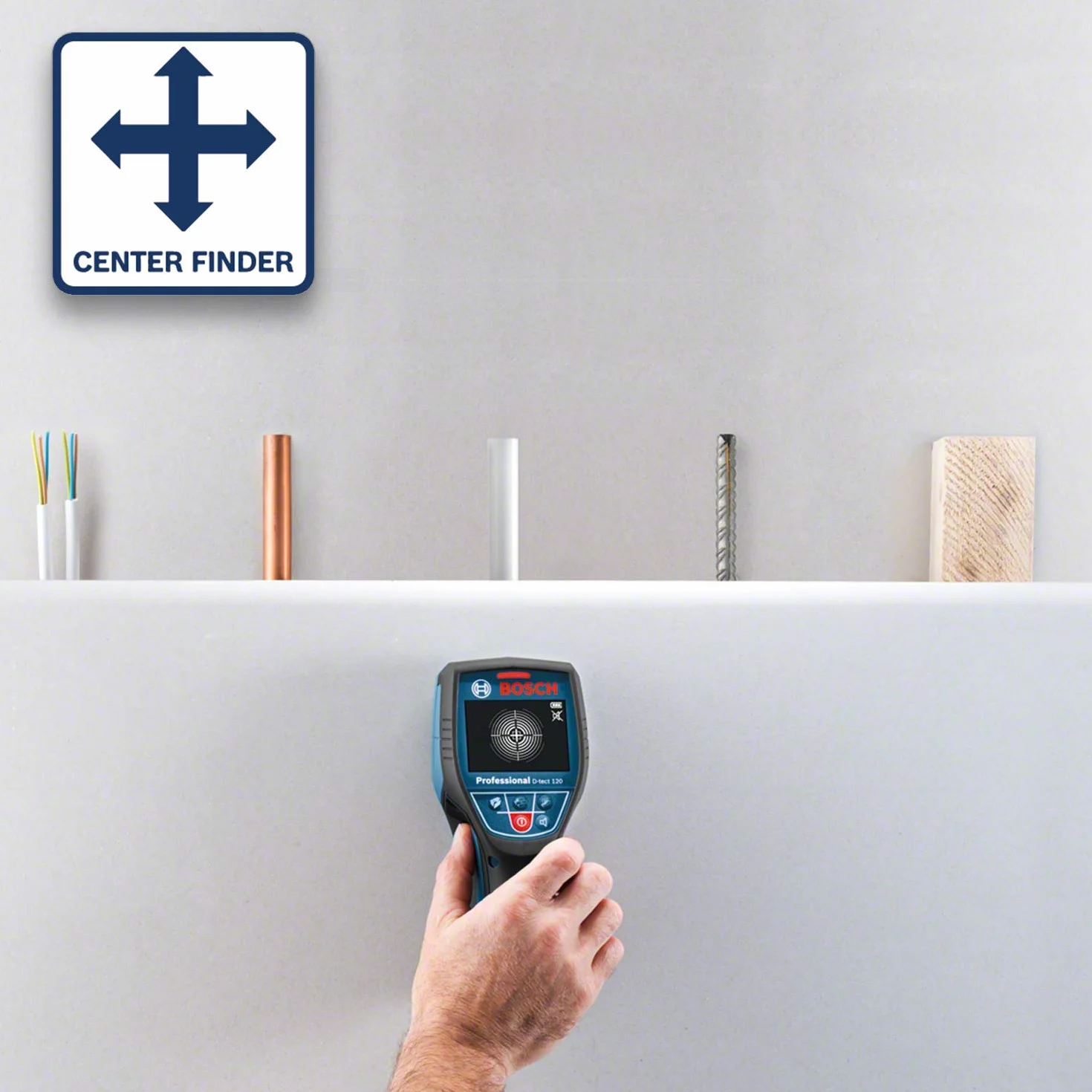 Bosch Professional Rilevatore D-tect 120 (rilevamento max. tubi in plastica/sottostrutture in legno/cavi sotto tensione/metalli magnetici e non magnetici: 60/38/60/120/120 mm, in cartone)