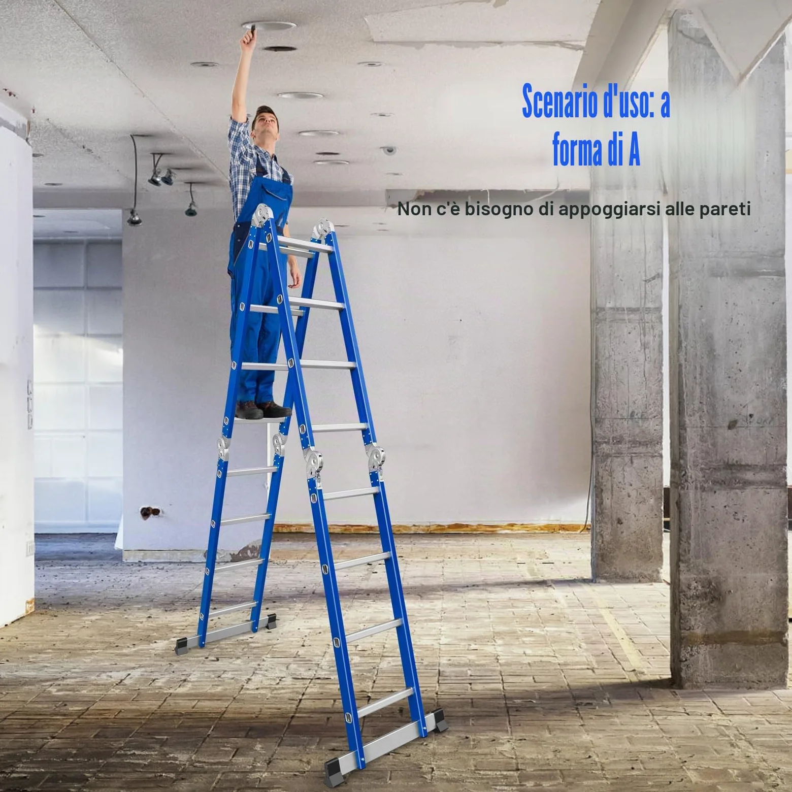 Scala multifunzione in alluminio, 4 x 4 gradini, lunghezza 4,7 m, 4 pezzi, portata massima 150 kg