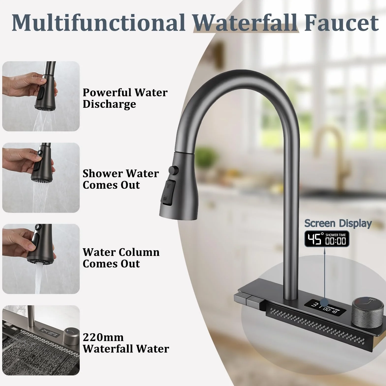 50 Cm Di Larghezza Nero Grande Cascata Lavello Cucina Acciaio Inox Set, Lavello Multifunzione1 Vasca Con Cascataterraneo Rubinetto, Lavandino Esterno Con Gocciolatoio E Vari Accessor(Black-Grey A,80x5