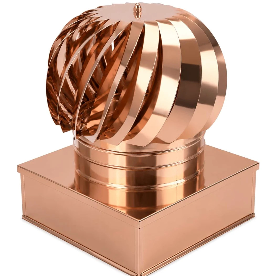 MAKA Comignolo Eolico Quadro Aspirante, Cappello Eolico per Aerazione ed Espulsione Aria, Terminale Girevole in Acciaio, Aspiratore Eolico Base Quadra (Rame, 370x370 mm)