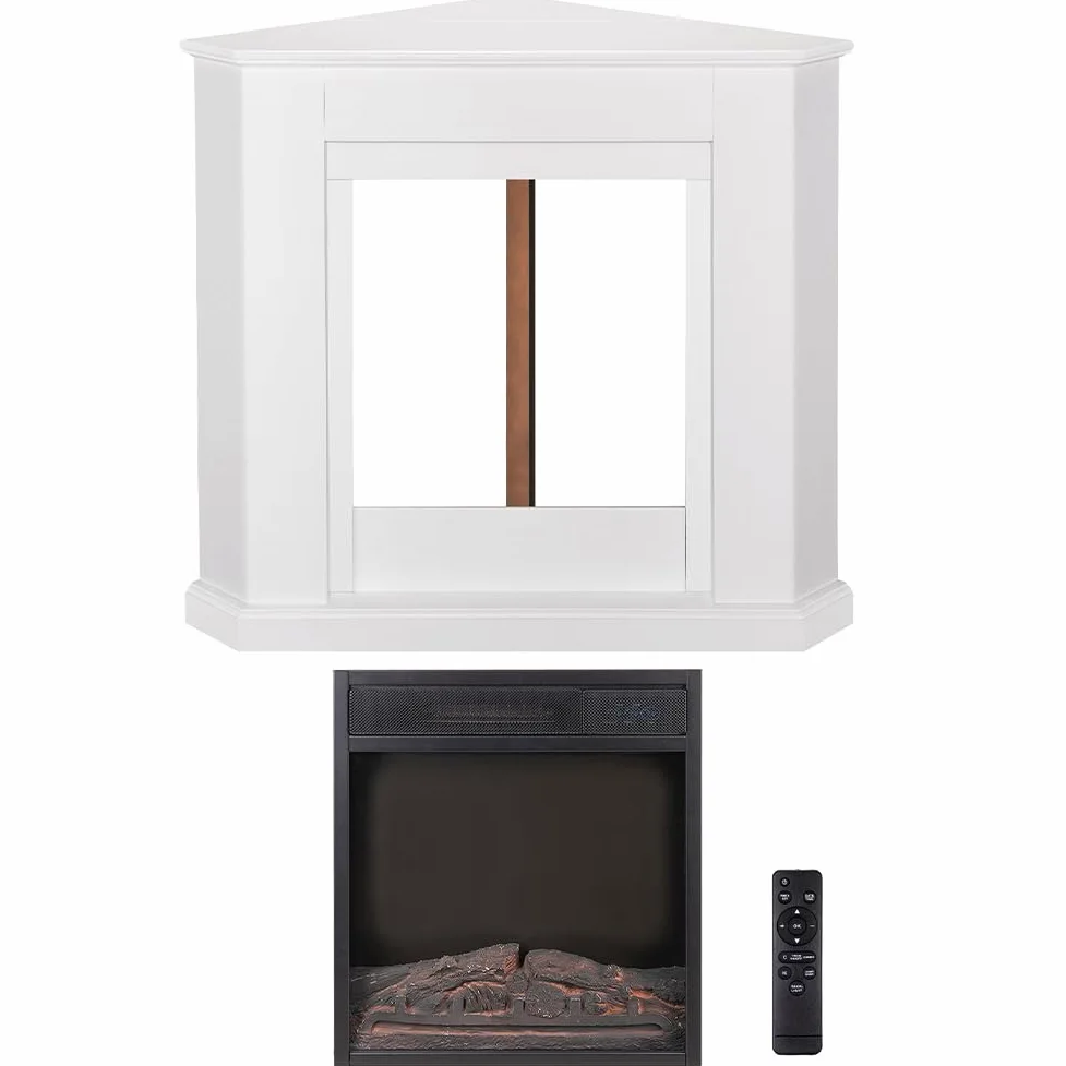 Bakaji Camino Elettrico Angolare con Cornice Legno Caminetto 2000W Completo di Mobile ad angolo, Silenzioso Design Moderno, Stufa a parete da Incasso con Led a 7 Colori (Zurigo)