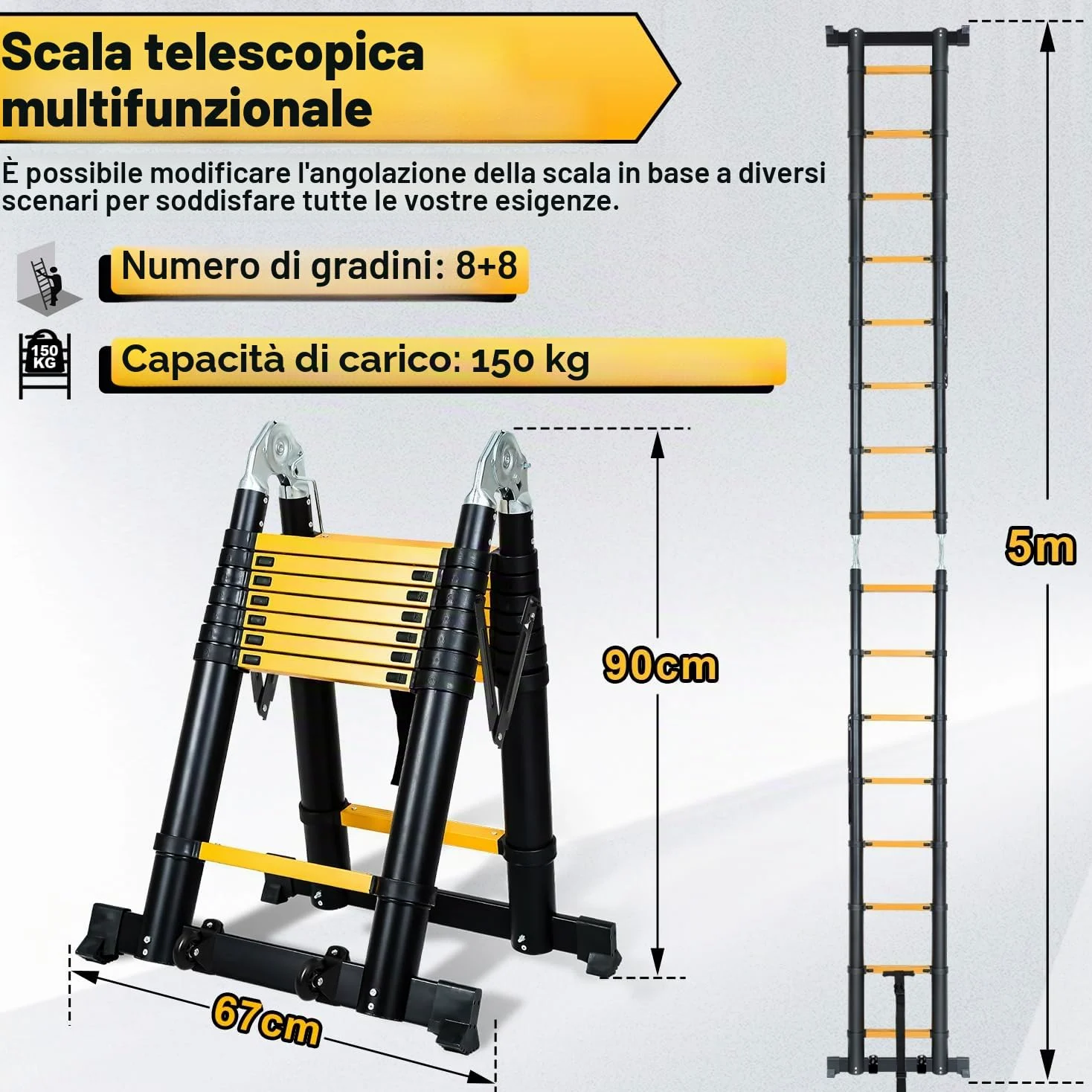 Ikodm Scala telescopica pieghevole in alluminio 5 m, scala alluminio telescopica antiscivolo, scala multiuso in alluminio, portata 150 kg, colore nero e giallo