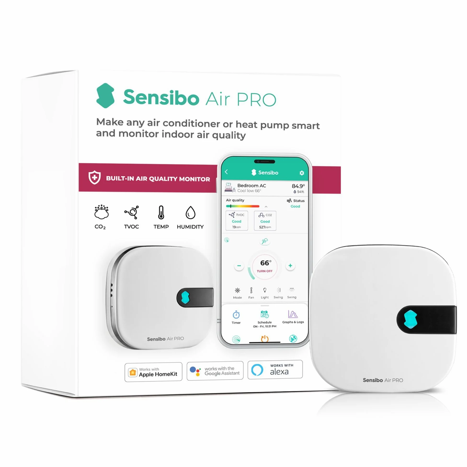 Sensibo Air PRO -qualità dell’aria e telecomando smart per condizionatori mini split, da finestra o portatile. Sensori di temperature e umidità. Compatibile con Google App, Apple HomeKit, Alexa e Siri