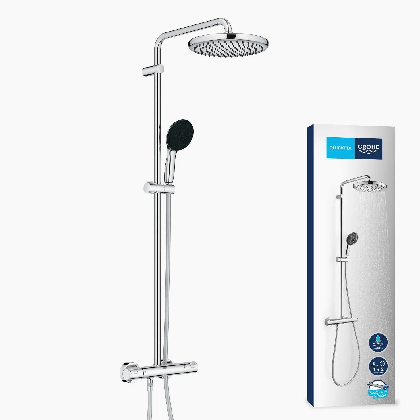 GROHE Vitalio Start 250 Colonna Doccia con Termostatico (soffione tondo 25 cm, doccetta 2 getti, termostatico, risparmio idrico), Cromo, 26677001