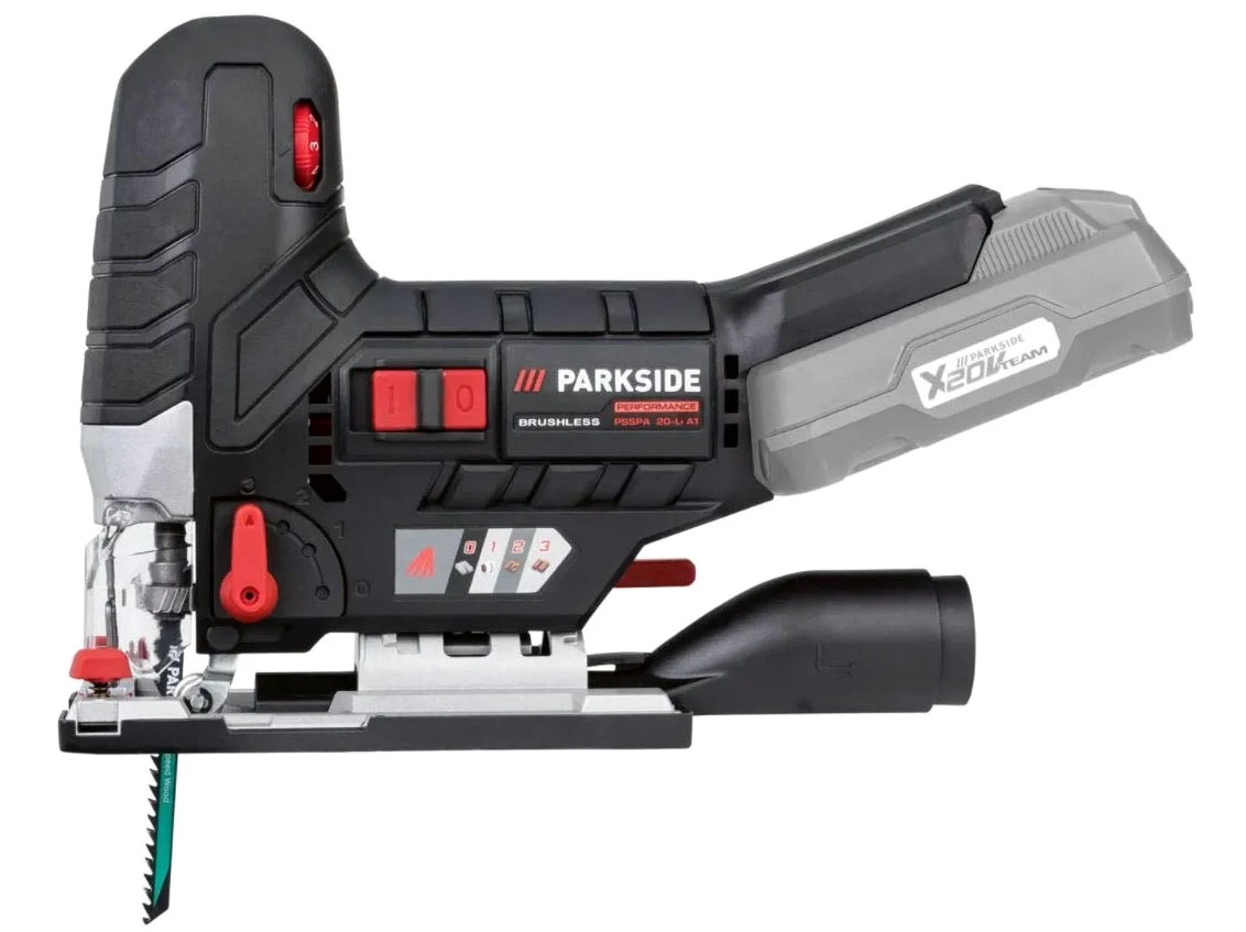 AONELAS Parkside PSSPA 20-Li - Sega a batteria con movimento a pendolo, profondità di taglio 135 mm, 7 velocità, 5 angoli di taglio, 20% più lunga durata del motore