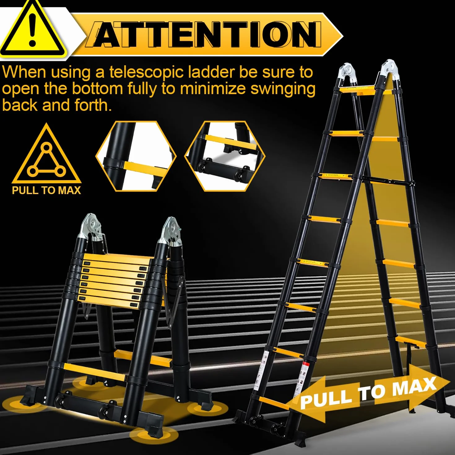 Scala telescopica in alluminio, 5 m, telescopica multifunzione, antiscivolo, pieghevole, portata 150 kg, scala in alluminio per giardino, colore nero/giallo