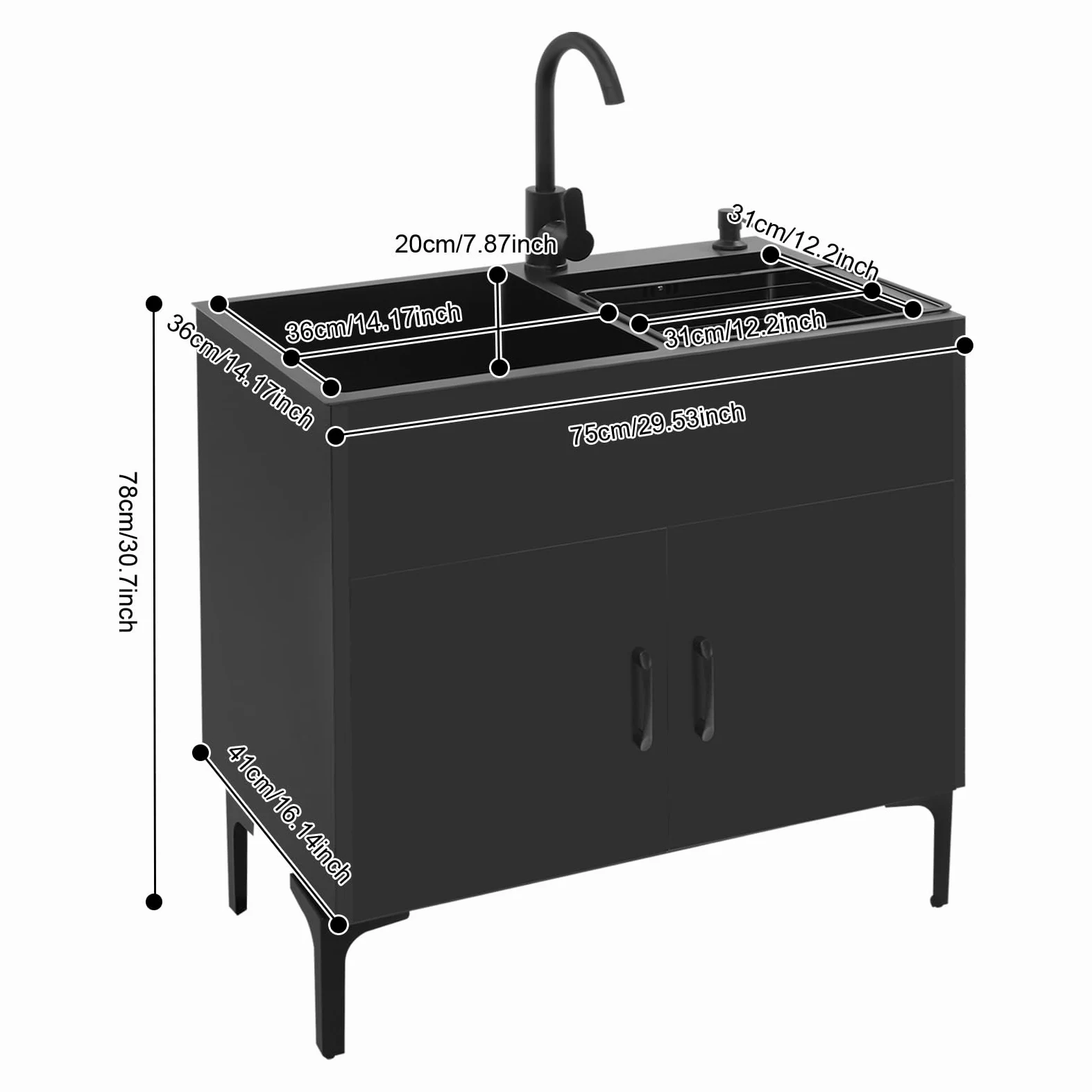 Lavello da cucina autoportante con base e rubinetto, in acciaio inox con 2 vasche scolapiatti e scarico, per cucina, giardino, esterno, officina, lavanderia, campeggio (nero)
