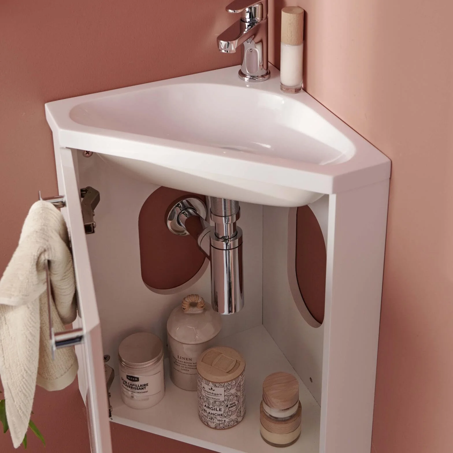 MOB IN - Lavamani angolare con lavabo in resina, colore: Bianco