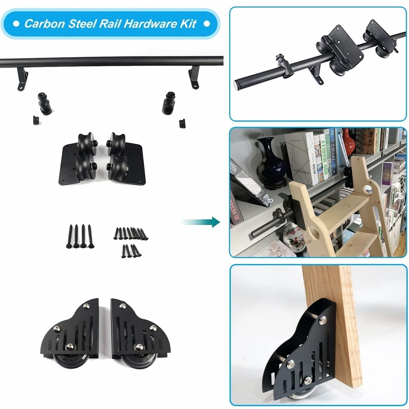 Kit Hardware per Binario Scorrevole con Scala per Biblioteca, Accessori per binari per Scale per librerie mobili con Ruote, Strumento di Spostamento della Scala in Acciaio al Carbonio