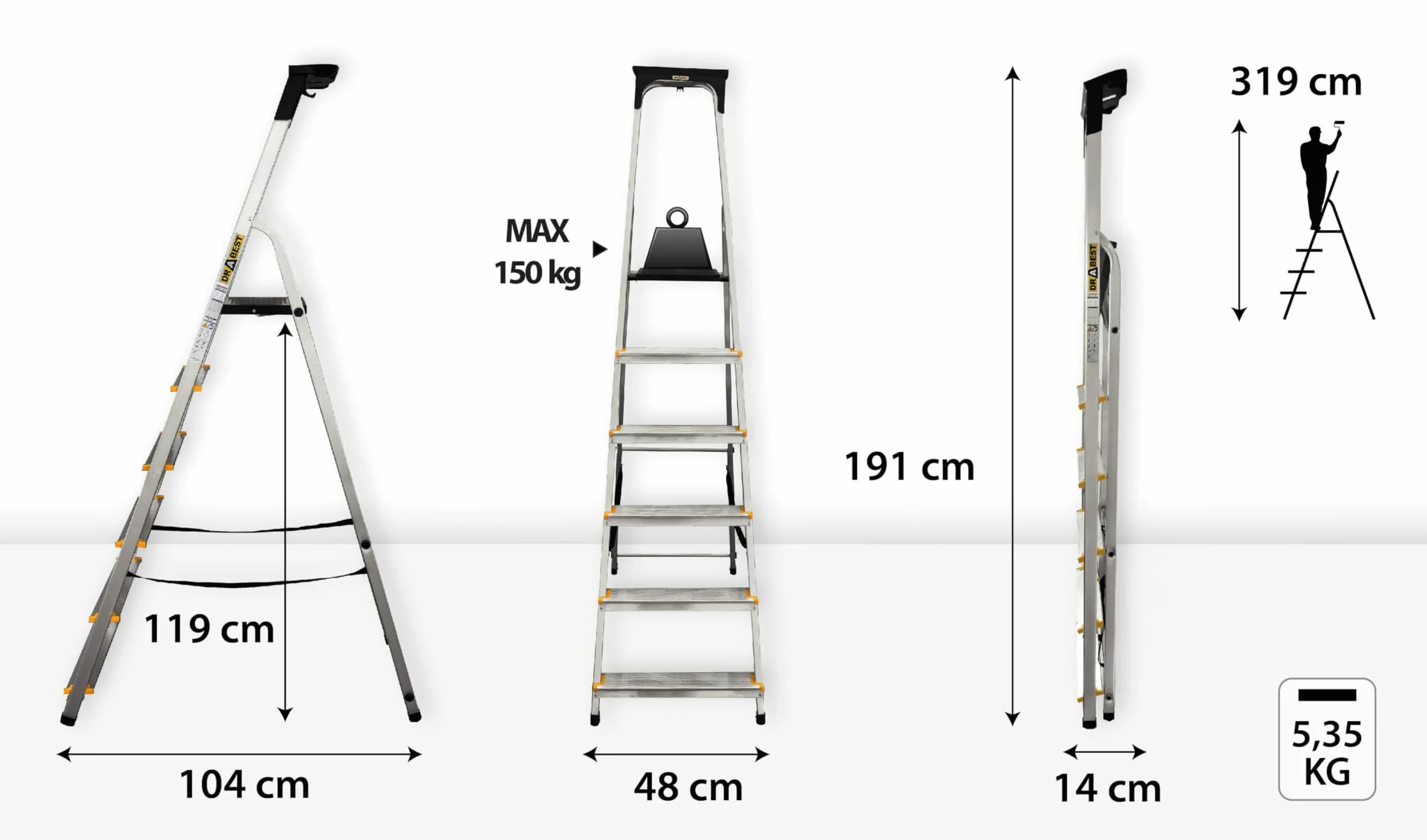 DRABEST Scaletta Domestica a 6 Gradini 150kg - Scaletta in Alluminio con Piedini Antiscivolo e Piattaforma per Scale da Lavoro - Fornita con Ripiano per Attrezzi - 48x191x12cm