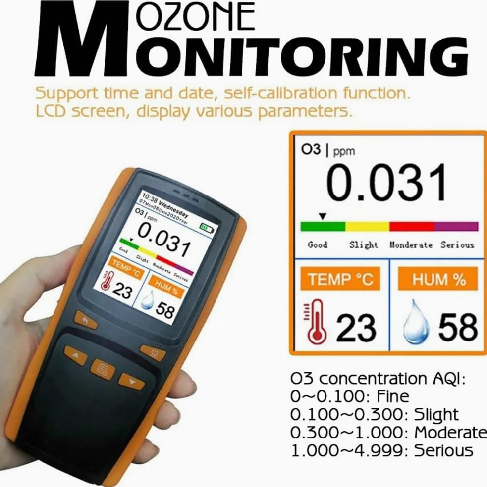 Rilevatore misuratore di ozono in tempo reale, analizzatore di ozono portatile con rilevamento di temperatura e umidità, misuratore di ozono con sensore intelligente portatile, schermo LCD da 2,8"