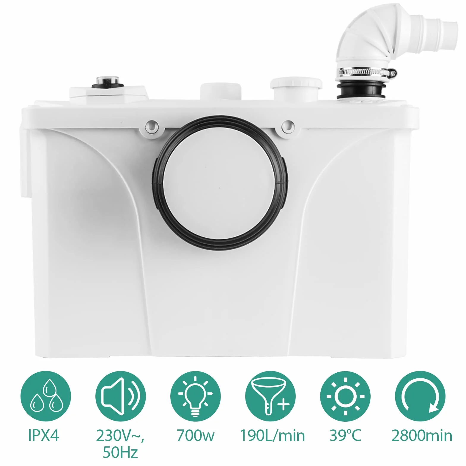 Sonnewelt Sistemi di sollevamento da 700 W, 190 l/min, pompa per acqua sporca, pompa per feci con 4 ingressi, pompa domestica per doccia, vasche da bagno, lavabo, lavatrice lavastoviglie