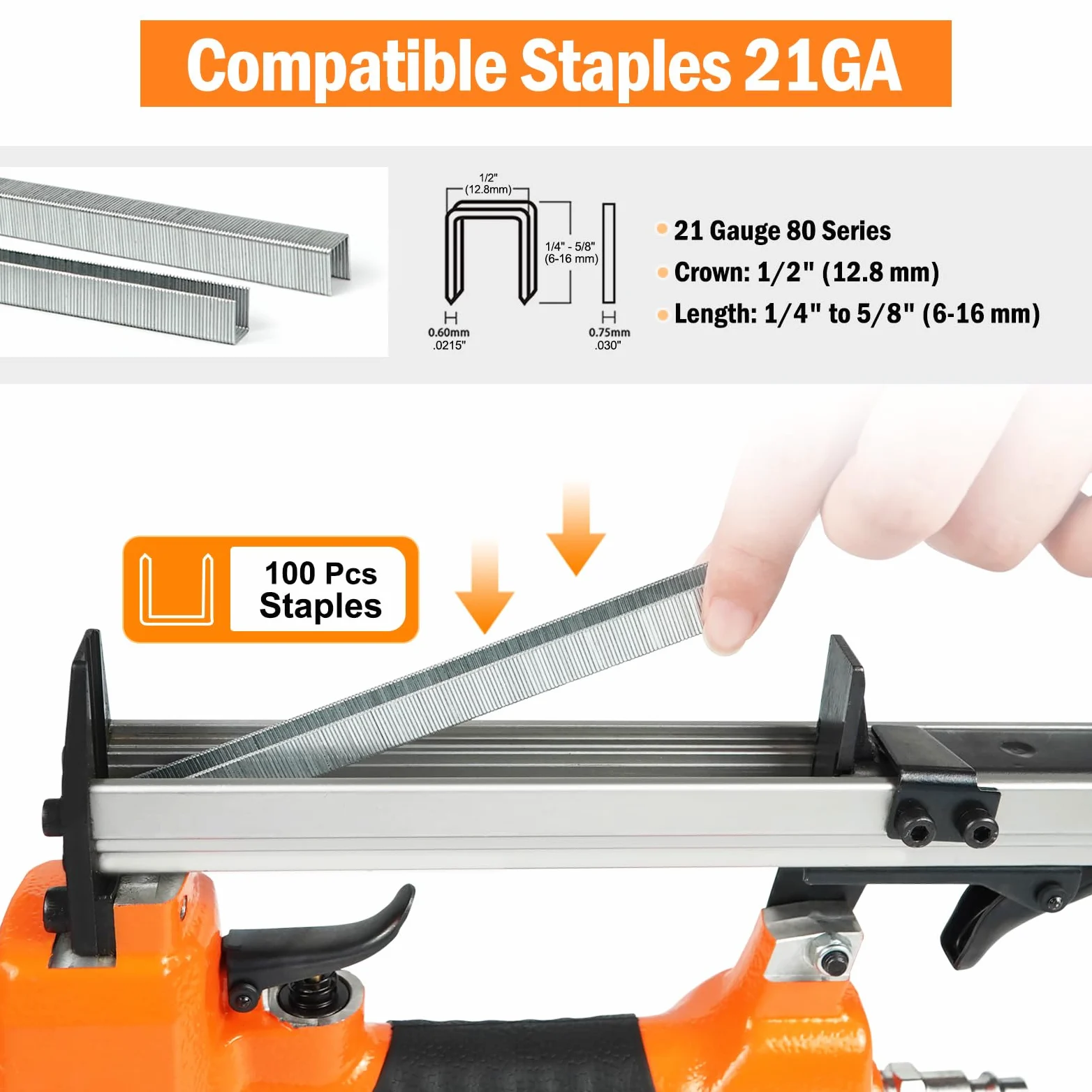 Kamsin 8016K - Pinzatrice pneumatica per tappezzeria, calibro 21, per graffette serie 80, corona 1/2" e gambe 1/4"-5/8", mobili, armadi, legno