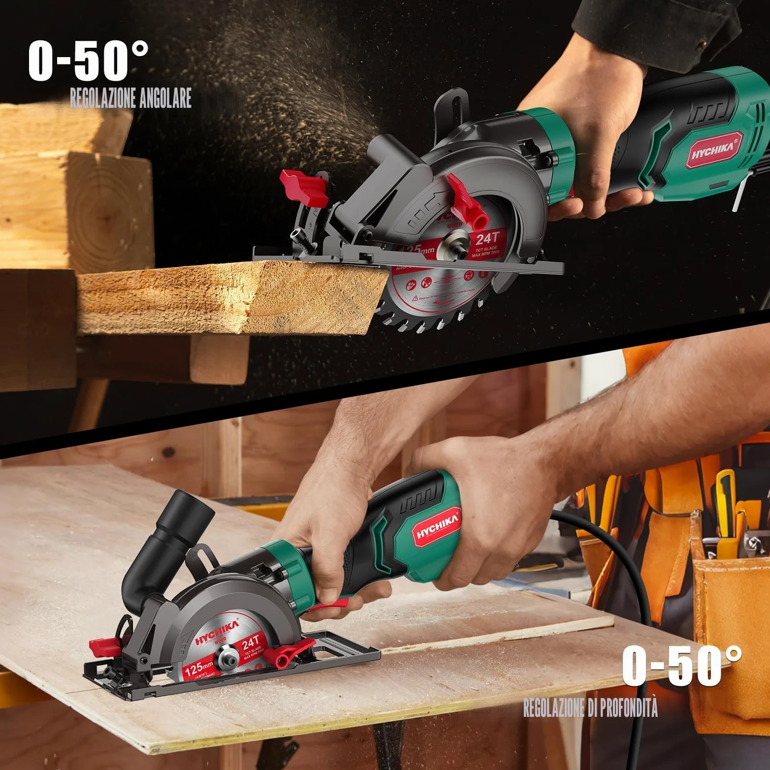 HYCHIKA Sega Circolare a Mano, Mini Sega Circolare 750W 3500 giri/min con Borsa da Trasporto, 3 Lame da Sega 115+125mm, Guida Parallela, Profondità di Taglio 48mm, per Legno, Metallo Dolce, Plastica