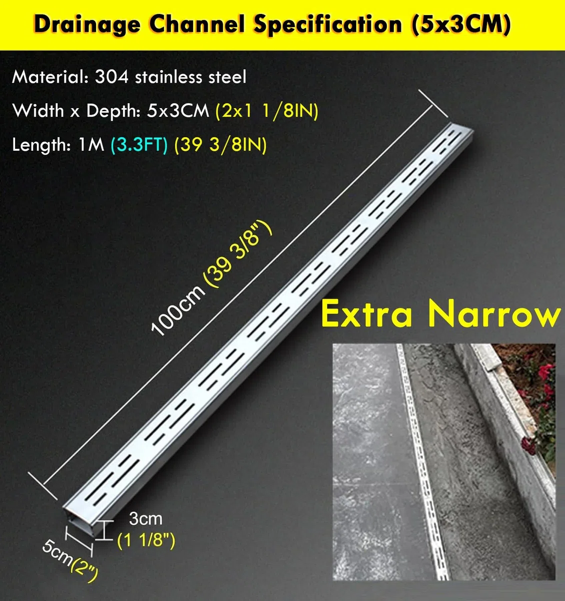 Kit di canali di drenaggio stretti da 1 m, sistema esterno a basso profilo, 4 pezzi argentati, 5 x 3 cm, perfetto per balconi e terrazze, gestione delle acque piovane, controllo efficiente del flusso