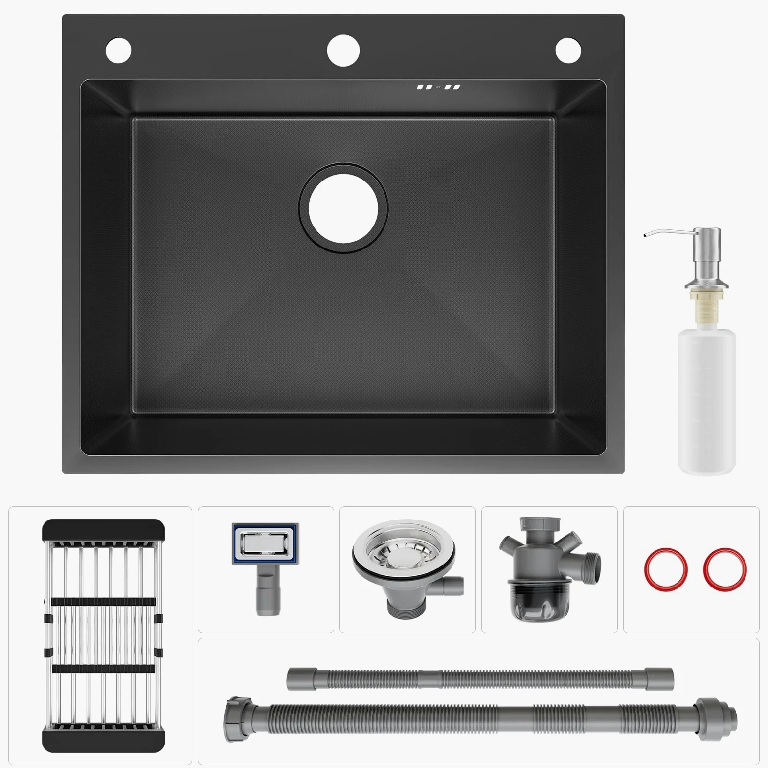 CECIPA 60x49 cm Lavello Nero 1 Vasca in Acciaio Inox, Lavandino Cucina 1 Vasca con Dispenser Sapone e Cestello, Lavello Cucina per Mobile da 60cm, da Incasso o Banco, con Sifone e Scarico